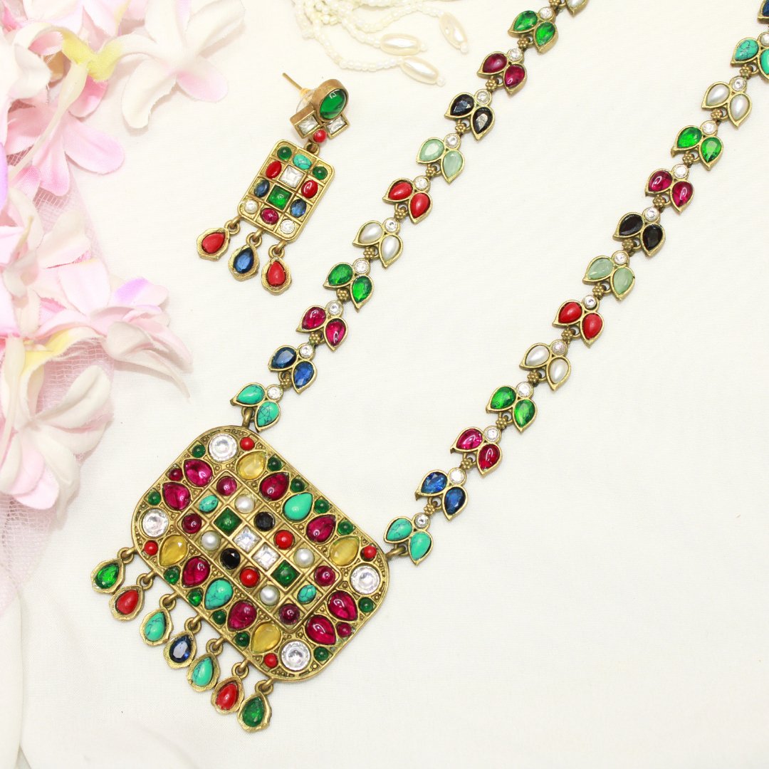 NAVRATNA ANTIQUE GOLD POLISH LONG NECKLACE
