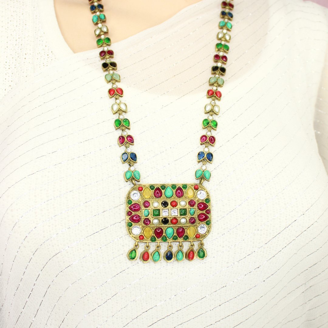 NAVRATNA ANTIQUE GOLD POLISH LONG NECKLACE