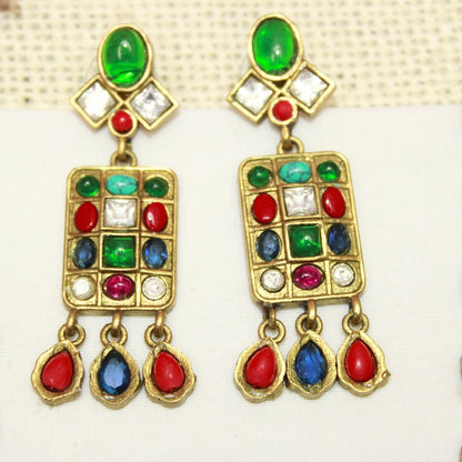 NAVRATNA ANTIQUE GOLD POLISH LONG NECKLACE