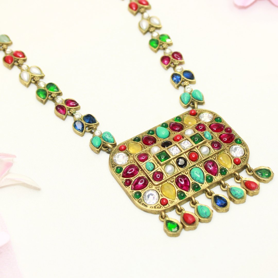 NAVRATNA ANTIQUE GOLD POLISH LONG NECKLACE