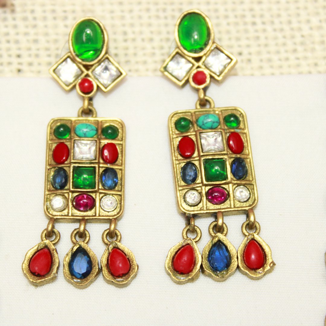 NAVRATNA ANTIQUE GOLD POLISH LONG NECKLACE