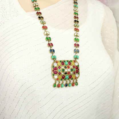 NAVRATNA ANTIQUE GOLD POLISH LONG NECKLACE