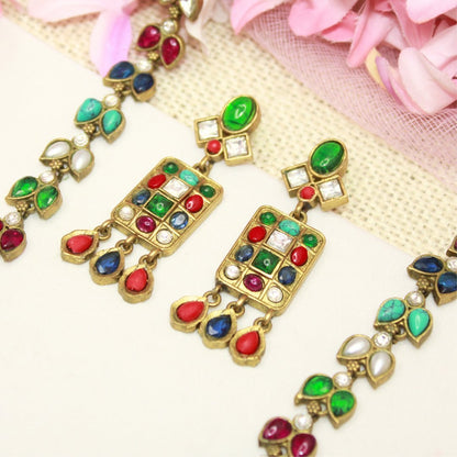 NAVRATNA ANTIQUE GOLD POLISH LONG NECKLACE