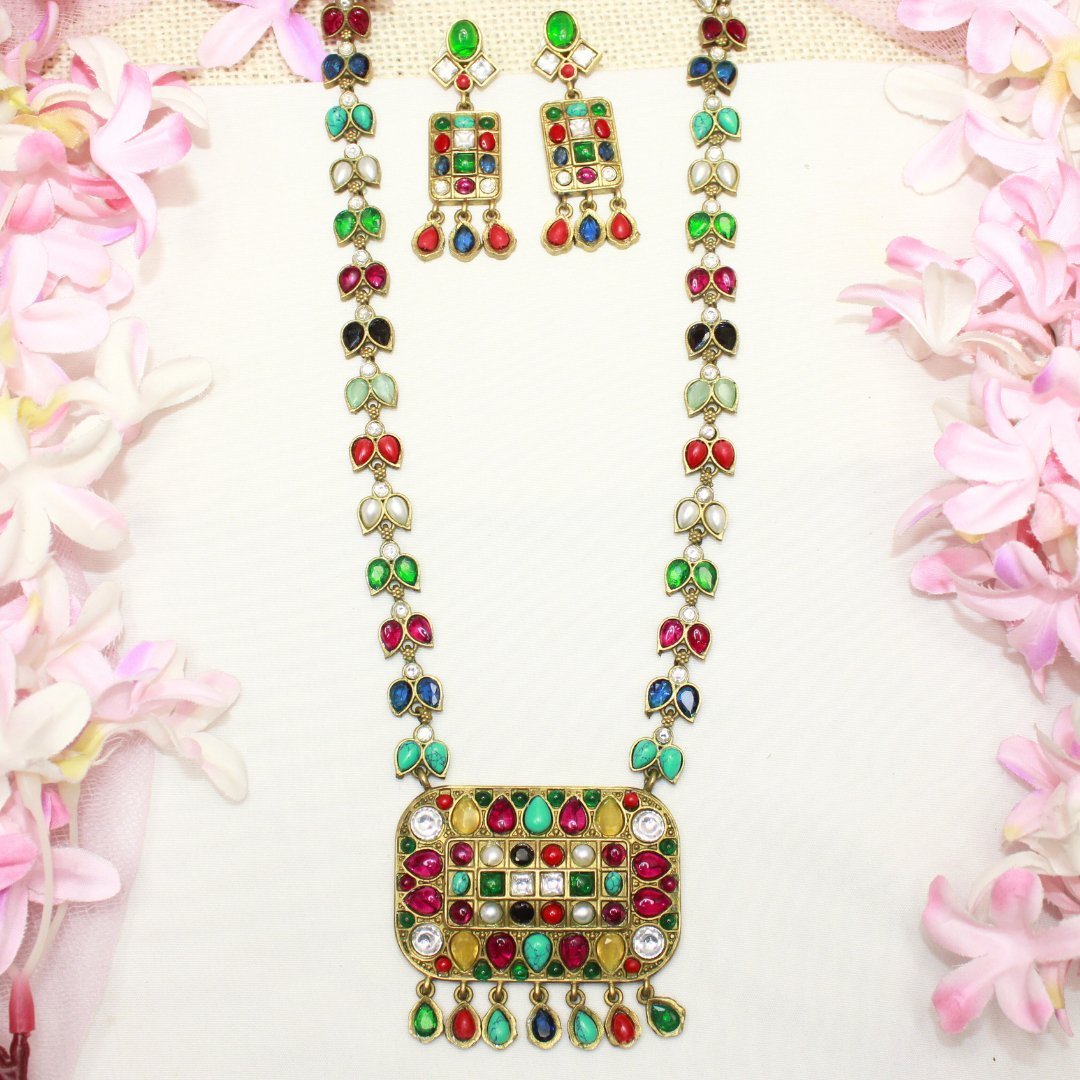 NAVRATNA ANTIQUE GOLD POLISH LONG NECKLACE