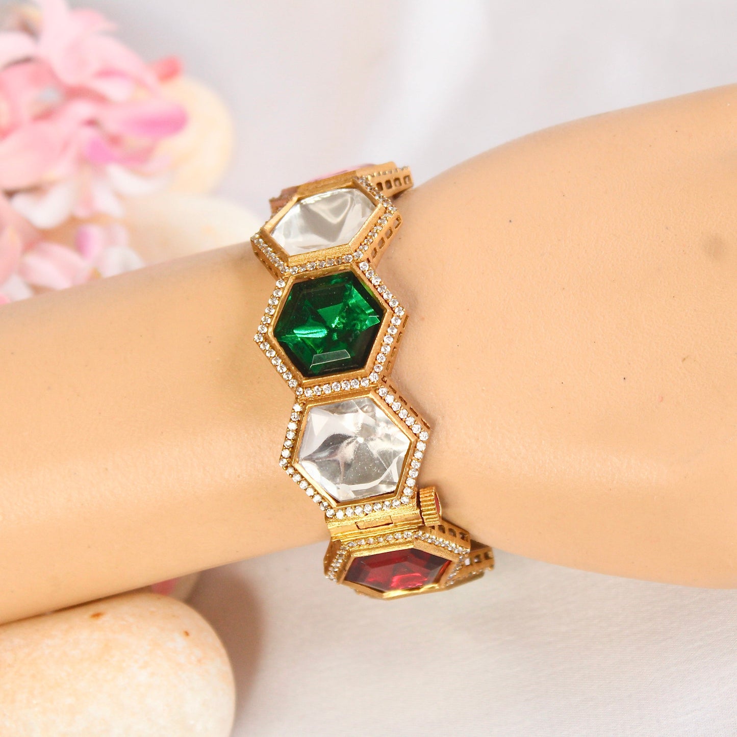 Navratna Geometric Kundan Openable Kada – wrist view