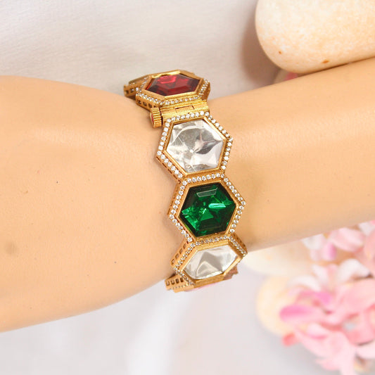 Navratna Geometric Kundan Openable Kada – wrist view