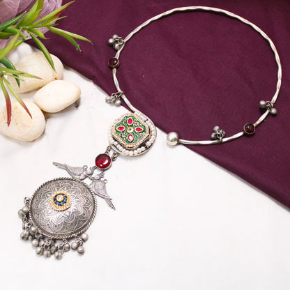 Navratra Special Oxidised Hasli Necklace with Meenakari Floral Pendant