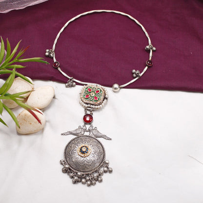 Navratra Special Oxidised Hasli Necklace with Meenakari Floral Pendant