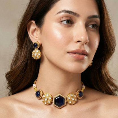 Navy Blue Kundan Choker Necklace Set – Handcrafted Gold-Plated Bridal Jewellery