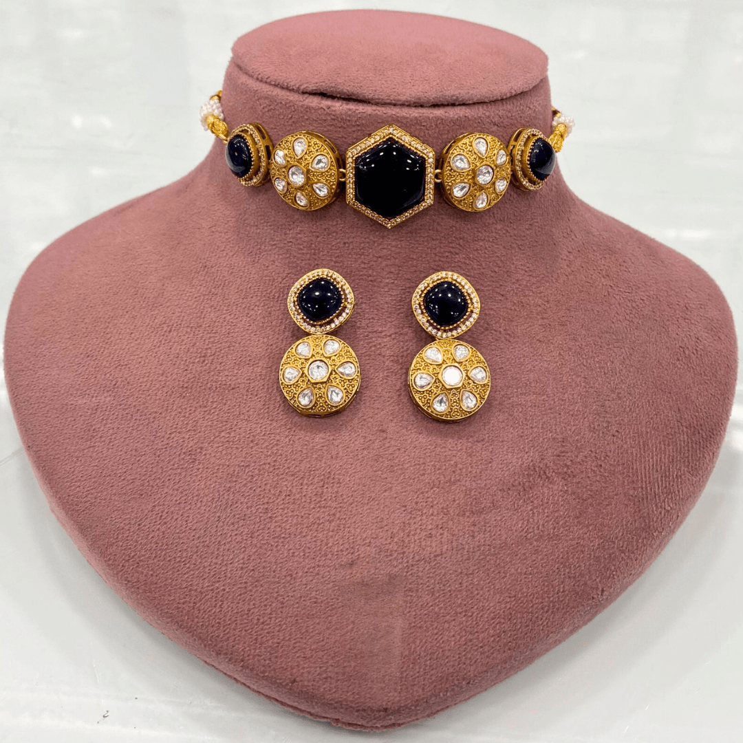 Navy Blue Kundan Choker Necklace Set – Handcrafted Gold - Plated Bridal Jewellery