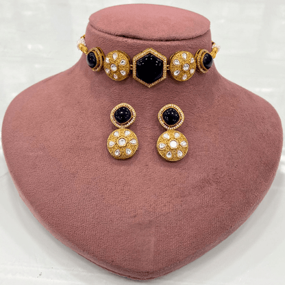 Navy Blue Kundan Choker Necklace Set – Handcrafted Gold - Plated Bridal Jewellery