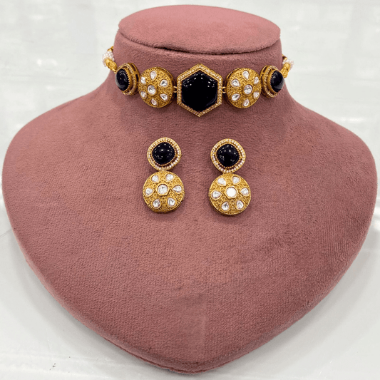 Navy Blue Kundan Choker Necklace Set – Handcrafted Gold - Plated Bridal Jewellery