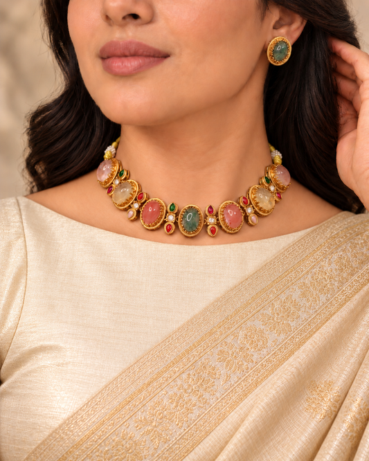 Oval Multicolour Stone Collar Necklace Set - Green Earrings — AI-styled model view