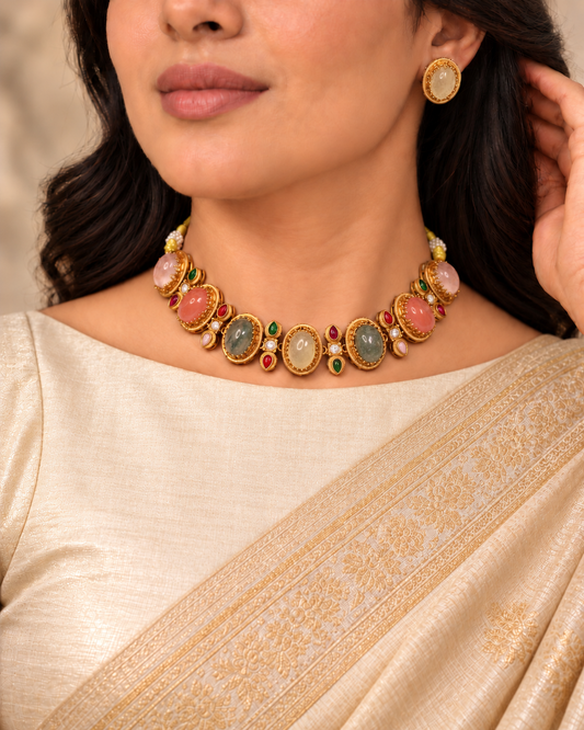 Oval Multicolour Stone Collar Necklace Set - Champagne Earrings — AI-styled model view