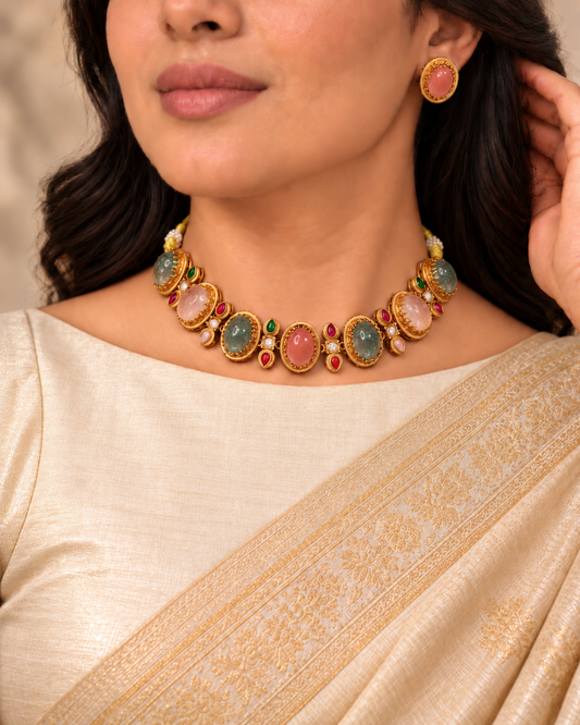 Oval Multicolour Stone Collar Necklace Set - Pink Earrings — AI-styled model view
