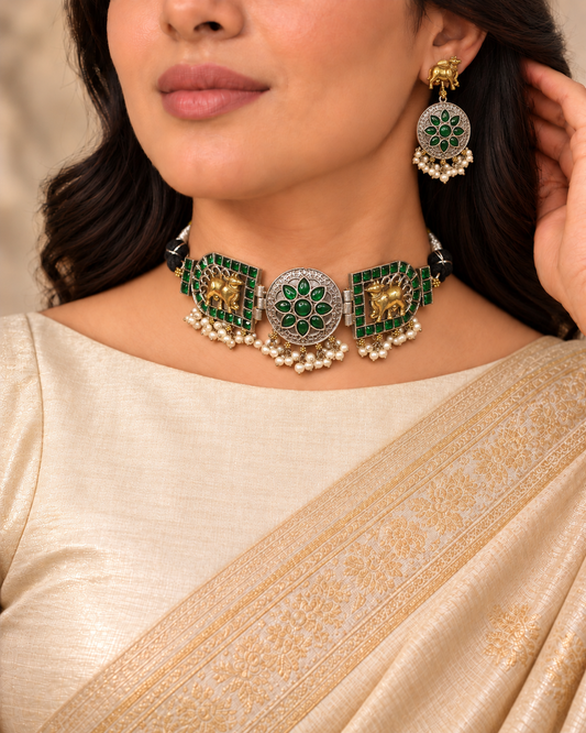 Animal Panel Dual Tone Choker Set - Green — AI-styled model view
