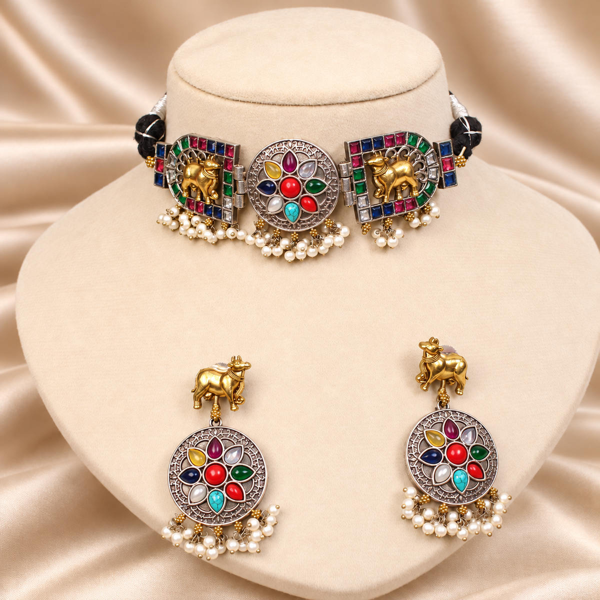 Animal Panel Dual Tone Choker Set - Multicolour — AI-styled mannequin view
