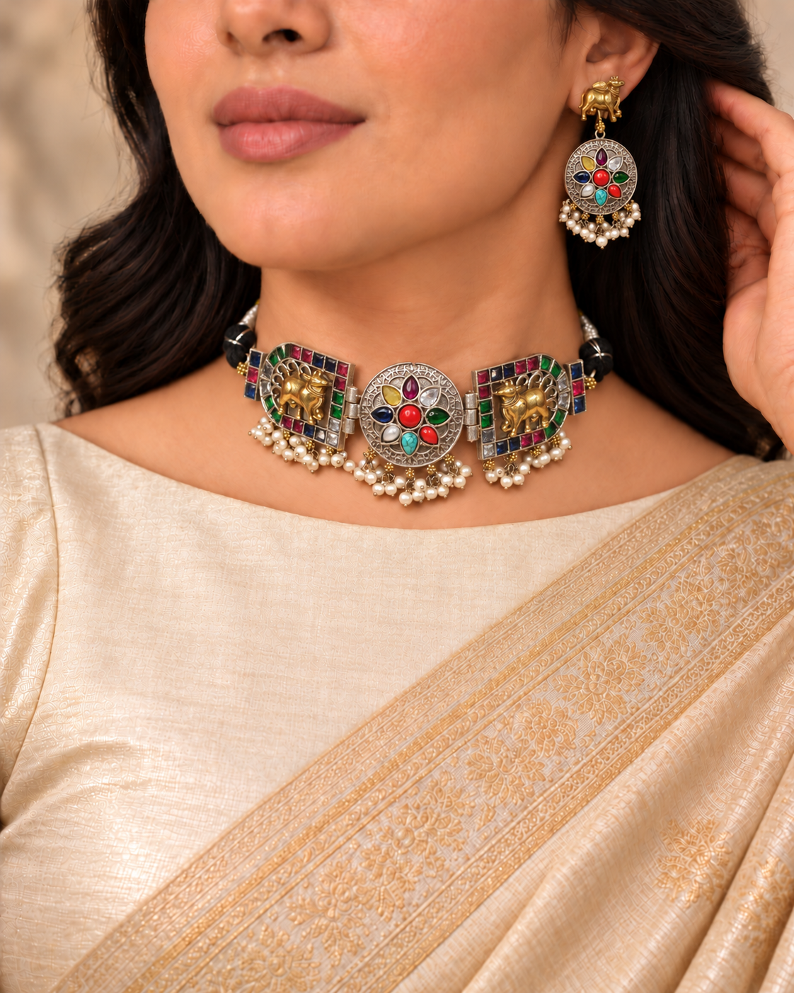Animal Panel Dual Tone Choker Set - Multicolour — AI-styled model view