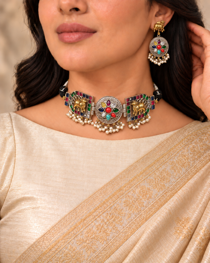 Animal Panel Dual Tone Choker Set - Multicolour — AI-styled model view