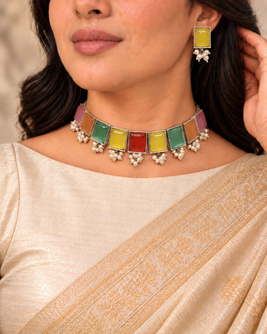 Rectangular Stone Pearl-Style Fringe Choker Set - Multicolour — AI-styled model view with corrected earring proportions