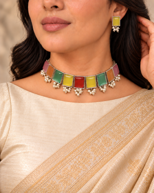 Rectangular Stone Pearl-Style Fringe Choker Set - Multicolour — AI-styled model view