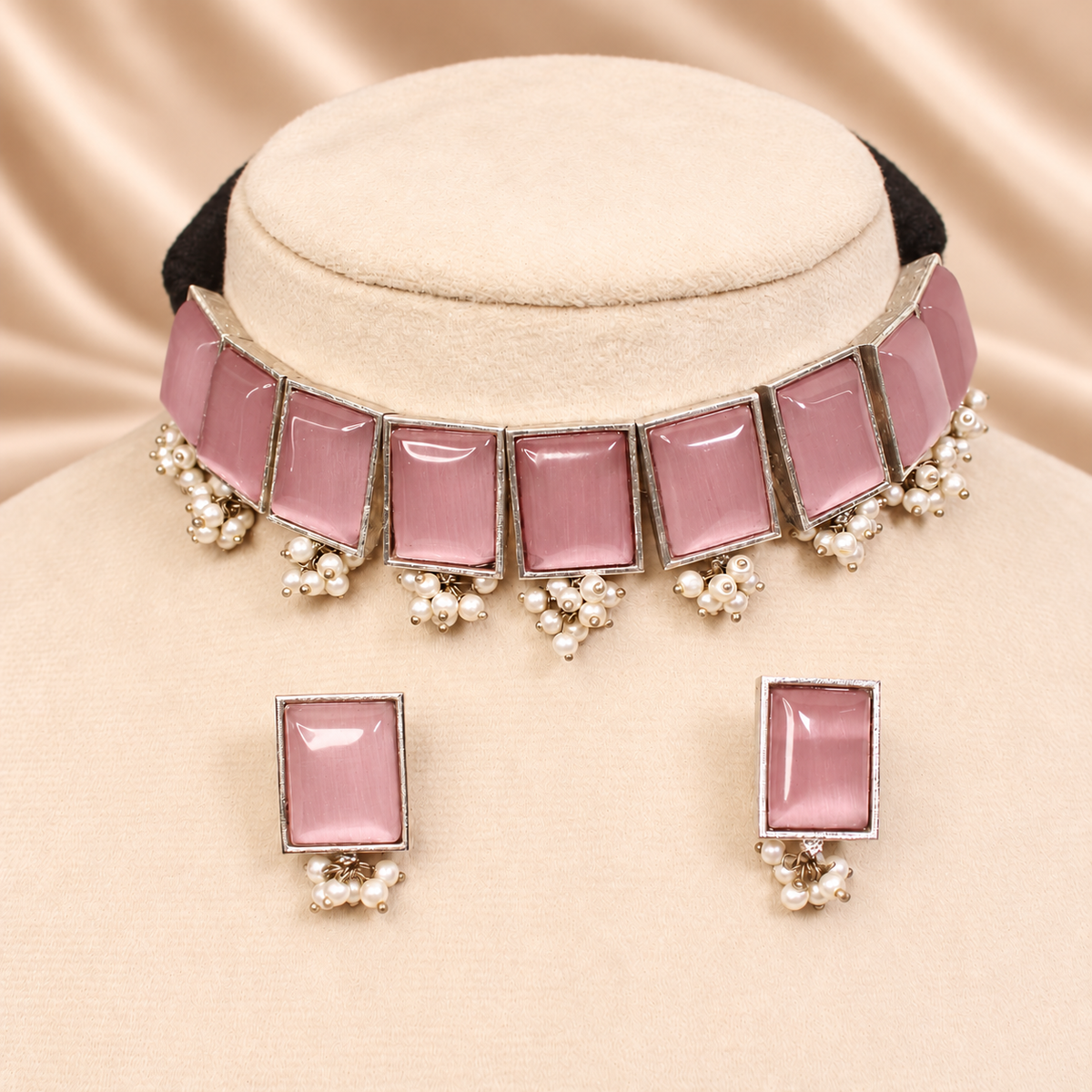 Rectangular Stone Pearl-Style Fringe Choker Set - Pink — AI-styled mannequin view