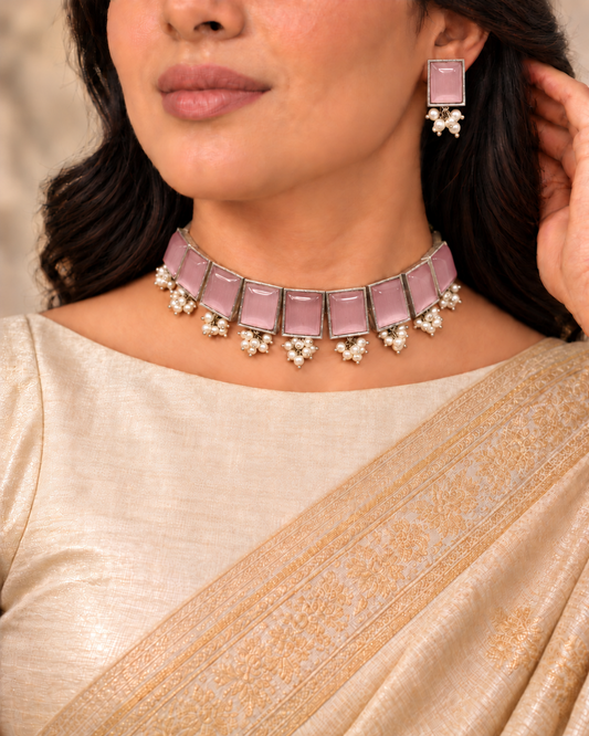 Rectangular Stone Pearl-Style Fringe Choker Set - Pink — AI-styled model view with corrected earring proportions