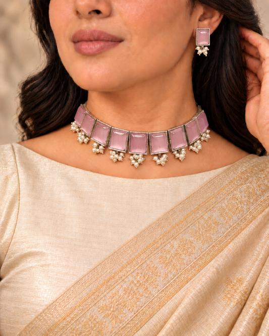 Rectangular Stone Pearl-Style Fringe Choker Set - Pink — AI-styled model view