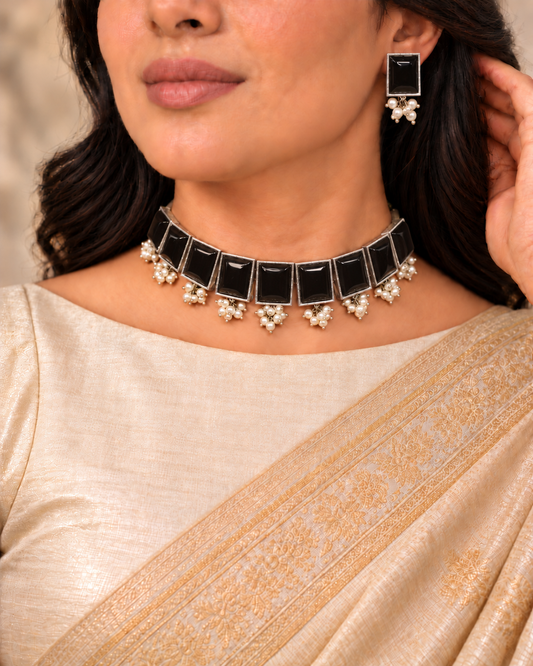 Rectangular Stone Pearl-Style Fringe Choker Set - Black — AI-styled model view with corrected earring proportions