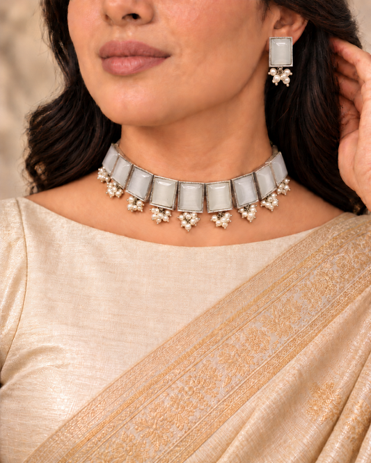 Rectangular Stone Pearl-Style Fringe Choker Set - White — AI-styled model view with corrected earring proportions