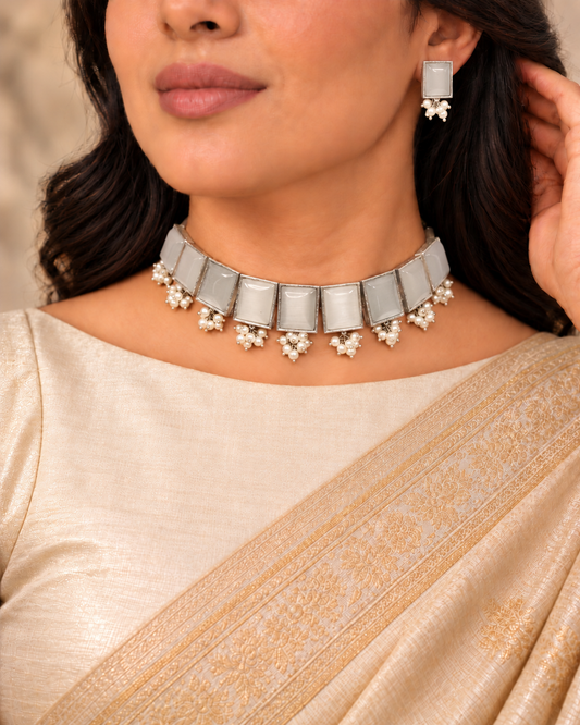 Rectangular Stone Pearl-Style Fringe Choker Set - White — AI-styled model view
