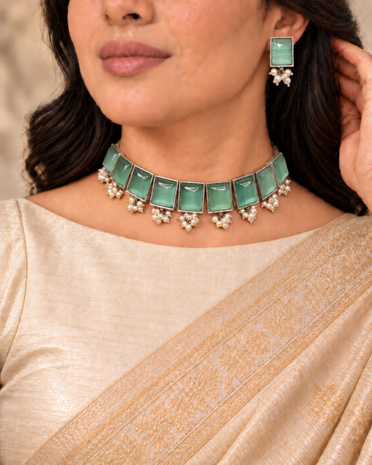 Rectangular Stone Pearl-Style Fringe Choker Set - Green — AI-styled model view with corrected earring proportions