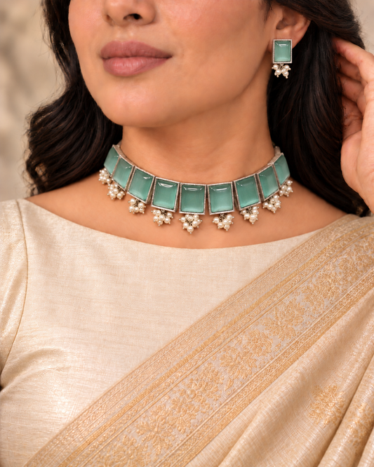 Rectangular Stone Pearl-Style Fringe Choker Set - Green — AI-styled model view