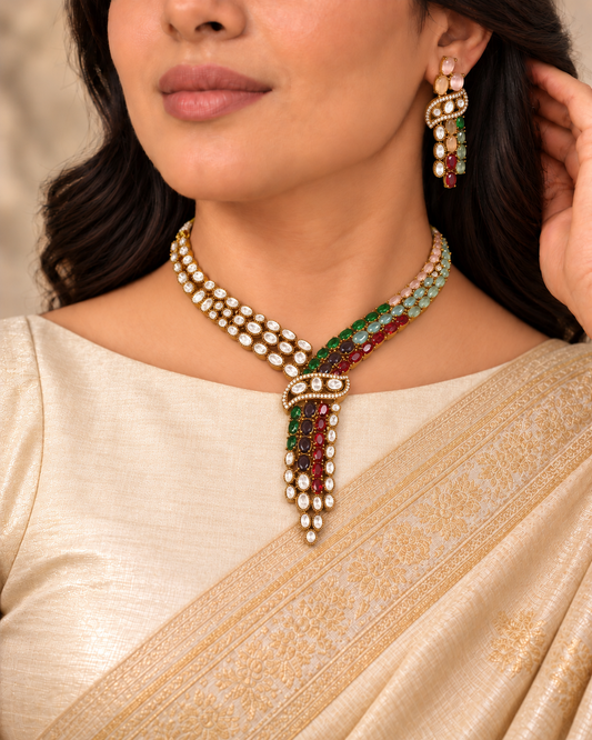 Y Shaped Clear Stone Necklace Set - Multicolour — AI-styled model view