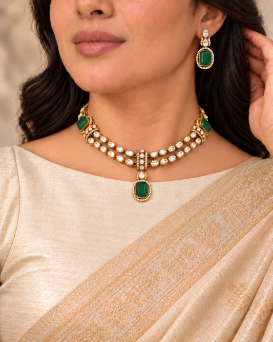 Double Row Clear Stone Drop Necklace Set - Green — AI-styled model view