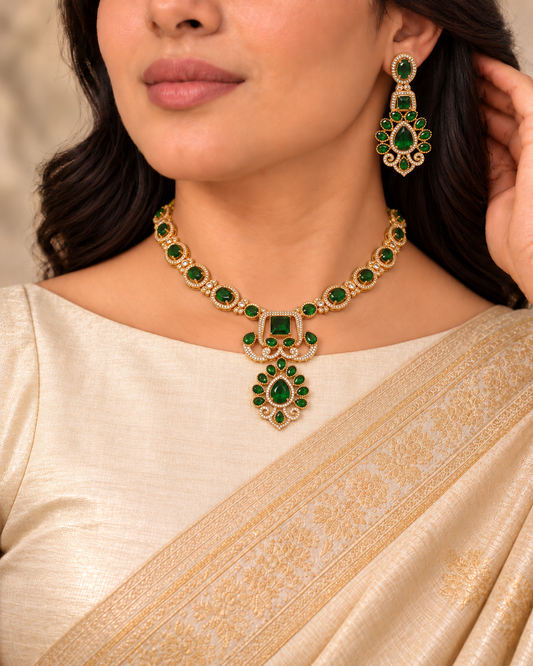 Floral Green Stone Statement Necklace Set - Green — AI-styled model view