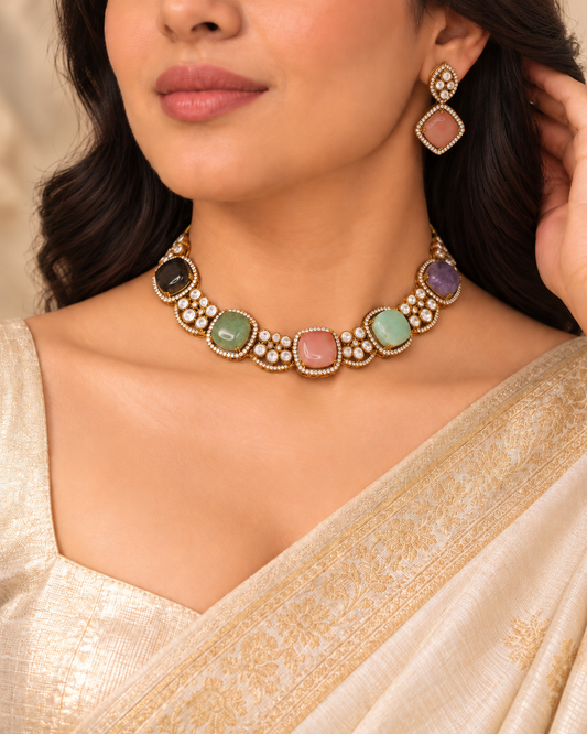 Round Pastel Stone Collar Necklace Set - Multicolour — AI-styled model view with diamond-oriented earring drop