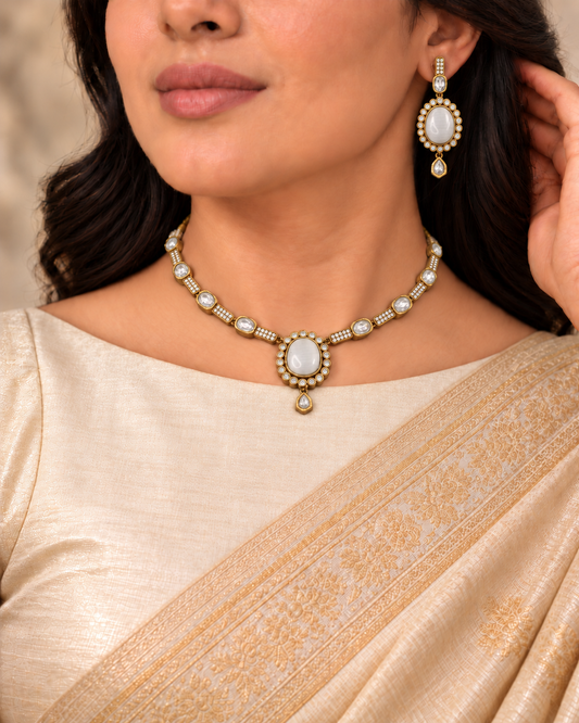 Oval Stone Drop Necklace Set - White and Clear — AI-styled model view
