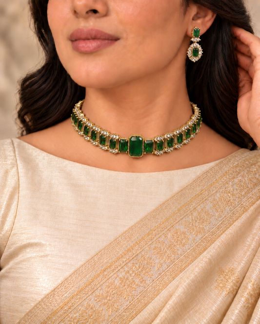 Rectangular Centre Stone Collar Necklace Set - Green — AI-styled model view