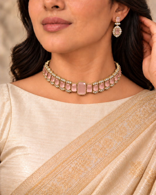 Rectangular Centre Stone Collar Necklace Set - Pink — AI-styled model view
