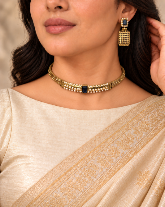Mesh Panel Choker and Rectangular Earring Set - Blue — AI-styled model view
