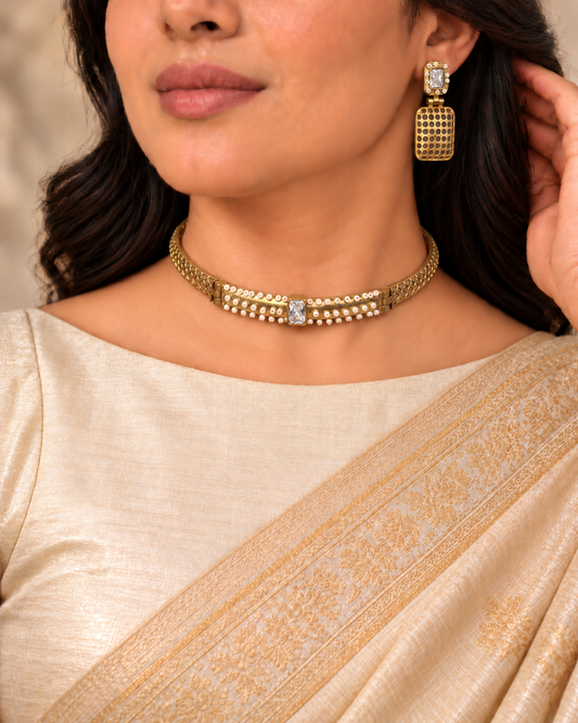 Mesh Panel Choker and Rectangular Earring Set - Clear — AI-styled model view