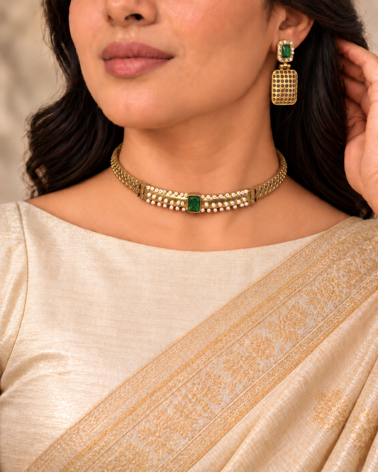 Mesh Panel Choker and Rectangular Earring Set - Green — AI-styled model view