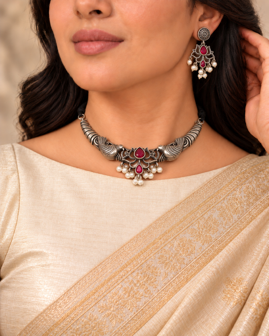 Winged Silver Tone Pearl-Style Fringe Collar Set - Ruby — AI-styled model view