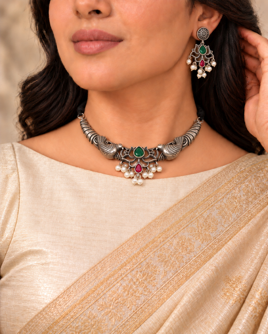Winged Silver Tone Pearl-Style Fringe Collar Set - Green and Ruby — AI-styled model view