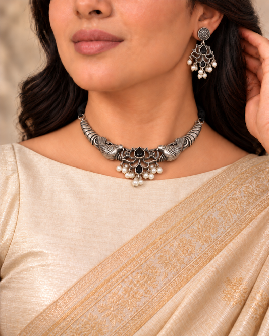 Winged Silver Tone Pearl-Style Fringe Collar Set - Black — AI-styled model view