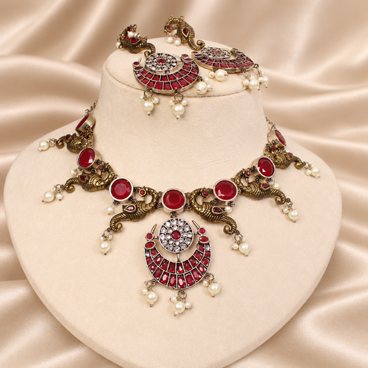 Peacock Ruby Stone Pearl-Style Fringe Collar Set - Ruby — AI-styled mannequin view