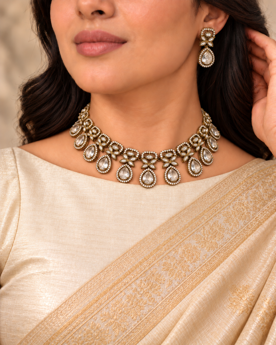 Layered Clear Teardrop Collar Necklace Set - Clear — AI-styled model view