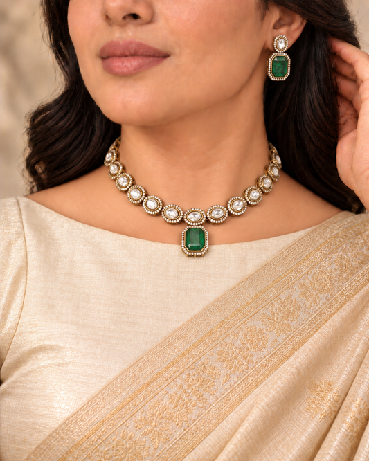 Round Clear Stone and Green Drop Necklace Set - Green — AI-styled model view