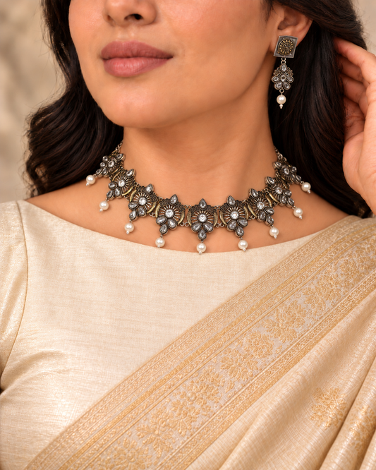 Oxidised Floral Pearl-Style Drop Necklace Set - Dark Silver Tone — AI-styled model view